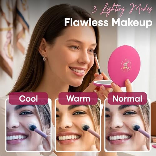 Cyn Care Hot Pink LED Travel Makeup Mirror with 1X/5X Magnification, 3 Light Modes & USB Rechargeable
