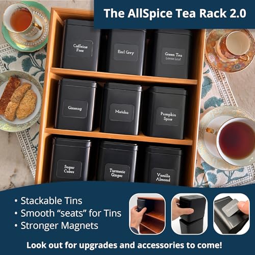 Black AllSpice Tea Organizer Rack with 9 Tins & Magnetic Labels – Kitchen Storage