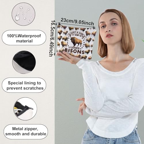 WZMPA Funny Bison Cosmetic Makeup Bag Animal Lover Gift Just A Girl Who Loves Bison Makeup Zipper Pouch Bag Bison Lover Gift For Women Girls (Loves Bison F)