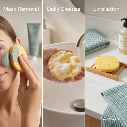 Natural Yellow Compressed Cellulose Facial Sponges - 50 Count, Reusable & Gentle for All Skin Types
