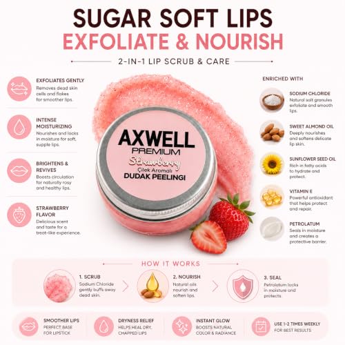 Axwell Lip Scrub for Dry Lips - Strawberry Exfoliant with Salt Crystals & Vitamin E, 1 fl oz