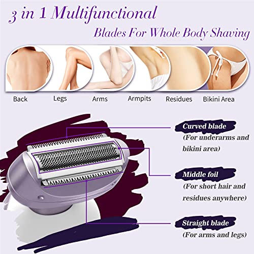 Electric Shaver for Women Electric Razor for Womens Bikini Legs Underarm Public Hairs Rechargeable Trimmer with Detachable Head Cordless Wet Dry Use,Replacement Women Shaver Head for Electric Razor