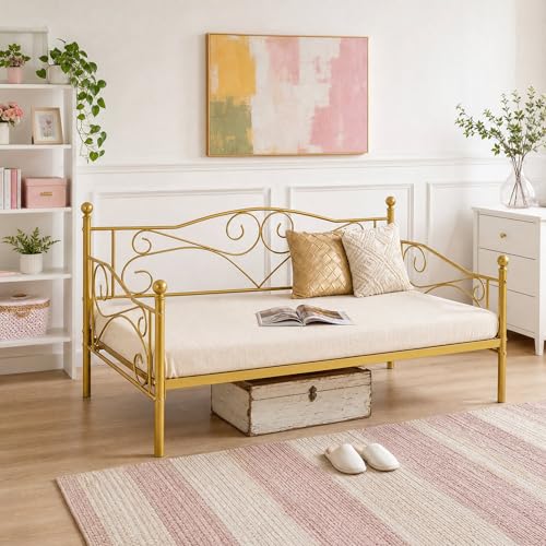 Gold Twin Size Metal Daybed Frame with Headboard, Modern Support & Storage