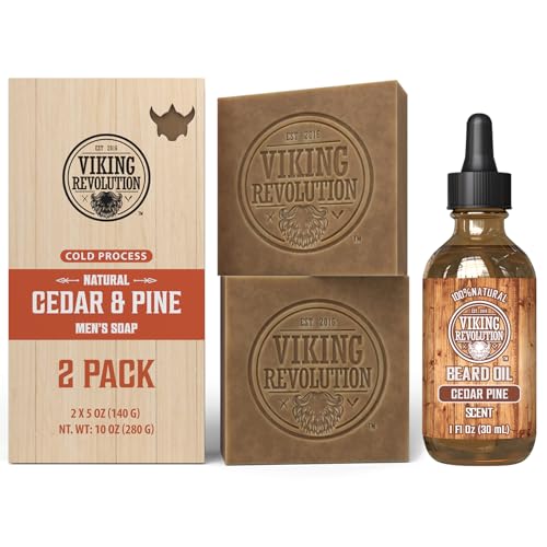 Viking Revolution Cedar and Pine Beard Oil for Men and Cedarwood and Pine Natural Soap for Men - Natural Argan & Jojoba Beard Softener, Mens Soap Bar with Essential Oils Cold Pressed Bar Soap for Men