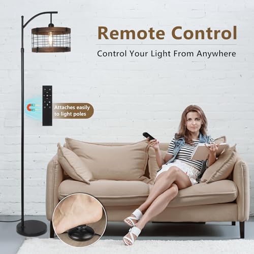 Vintage Industrial Floor Lamp with Remote Dimmable LED, Rustic Tall Standing Light for Living Room & Bedroom