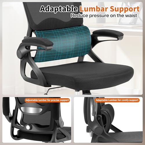 Black Ergonomic Mesh Office Chair with Lumbar Support, Flip-Up Arms, 400 lbs Capacity