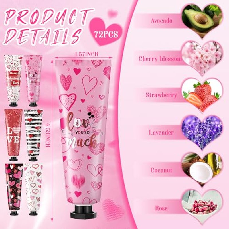 72 Pcs Valentine's Day Hand Cream Gift Bulk Valentine Gift Basket Stuffers Love Heart Moisturizing Galentine's Hand Lotion Bulk Small Dry Cracked Care Cream for Women Friends Seniors Clients, 30 ml