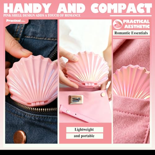 Pink Shell Shape Foldable Travel Makeup & Hair Mirror Set - 12 Pcs Gift Set