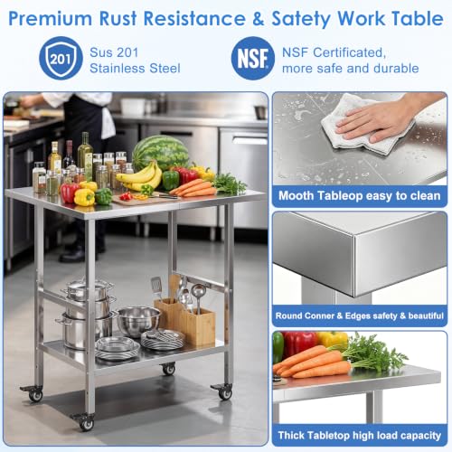 Stainless Steel Mobile Prep Table with Adjustable Shelf & Lockable Casters