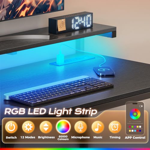 Gaming Desk with LED Lights & Power Outlets - 55.1 Inch Black Gaming Table