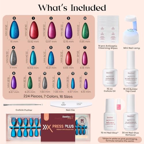 Beetles Galaxy Cat Eye Nails Kit - Medium Almond Press On Nails, 7 Colors, 224Pcs