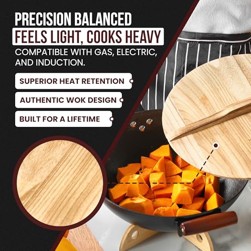 36cm Pre-Seasoned Cast Iron Wok with Wooden Lid & 4 Spatulas - Nonstick Stir-Fry Pan