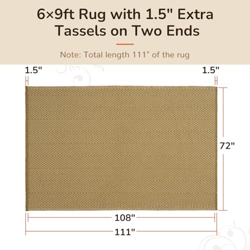 Boho Area Rug 6x9 with Tassels - Soft Washable Non-Slip Floor Decor - Natural Yellow Beige