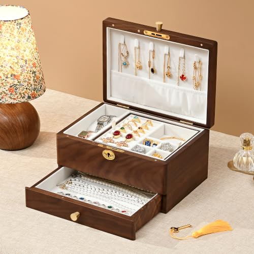 Vwixkuxx Lockable Black Walnut Jewelry Box – 3 Layer Full Locking Organizer for Women