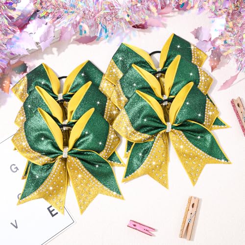 Aileam Glitter Cheer Bows Bulk Set - Green & Gold Rhinestone 8-Inch Cheerleading Hair Accessories for Girls & Teens Variation of A-Glitter Green/Gold+Rhinestone / 8" (6 Pack)