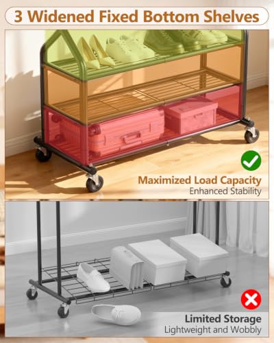 Heavy Duty Rolling Clothes Rack with 3 Shelves - Black - Expandable & Adjustable