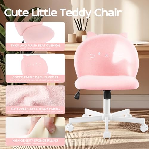 Pink Cat Vanity Chair with Plush Teddy Fleece, Armless Small Office Desk Seat - Pink-cat