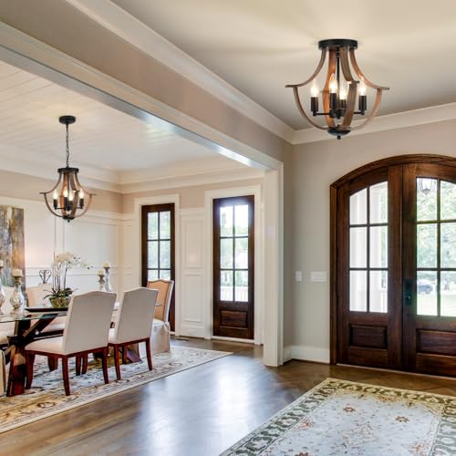 Dark Wood Grain 4-Light Farmhouse Pendant Light Fixture - Rustic Ceiling Chandelier