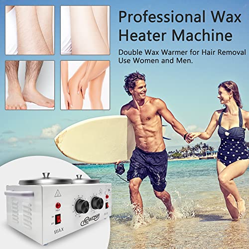 Professional Waxing Kit Wax Warmer Double Pot Wax Heater Machine for Hair Removal, Large Waxing Pot for Spa Salon Beauty Esthetician Home, with Adjustable Temperature Set, 50 Stick & 20 Collar(White)