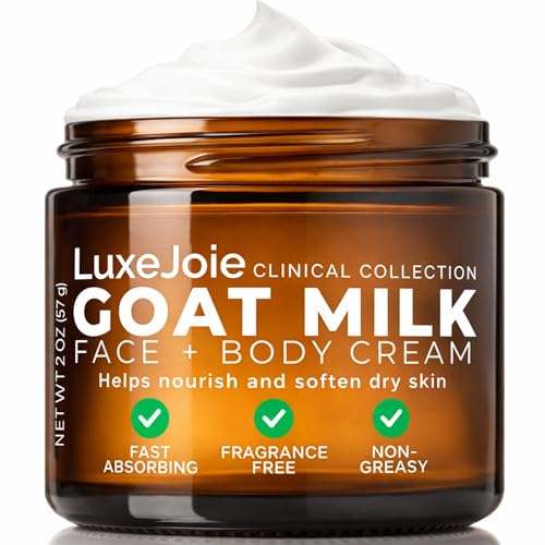 LuxeJoie Goat Milk Face & Body Cream, Fragrance Free Deep Moisturizer for Dry Sensitive Skin, Fast Absorbing Non-Greasy Hydration, 2 oz