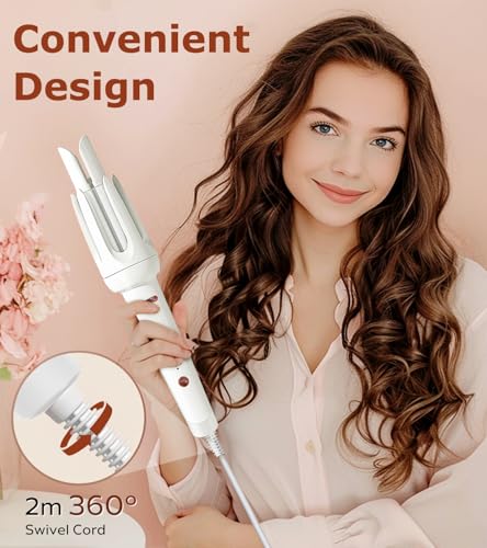 Automatic Hair Curler with 4 Temp & 3 Timer - White - Safe Rotating Wand