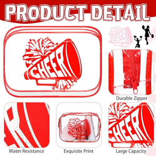 Kacctyen 24 Pcs Cheer Team Gifts Cheer Makeup Bag Bulk for Team Sport Gifts PVC Clear Cosmetic Bag Cheerleader Makeup Case Toiletry Zipper Pouch for Sport Cheerleading, 7x4.7x2.4''(Red)
