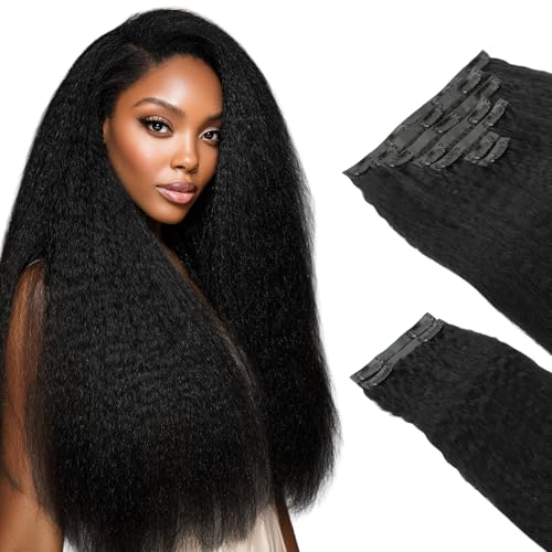 Seamless Clip-In Hair Extensions - Kinky Straight 14 Inch Natural Black 9pcs