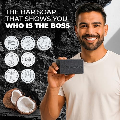Bossman 4-in-1 Charcoal Bar Soap for Men - Hammer 3 Pack (4 oz Each) - Hydrating Beard Hair Skin
