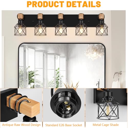 Farmhouse Style 5-Light Black Bathroom Vanity Light Fixture - Black / 5 Lights