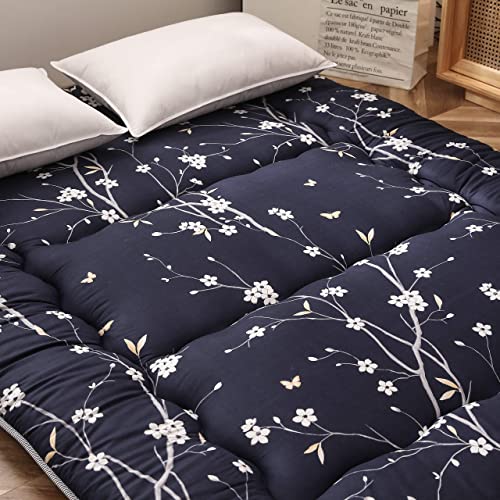 MAXYOYO Navy Floral Japanese Floor Mattress 4-Inch Queen Size Futon