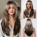 Long Blonde Brown Wigs for Women with Curtain Bangs - 24 Inch Synthetic Layered Cosplay & Daily Use