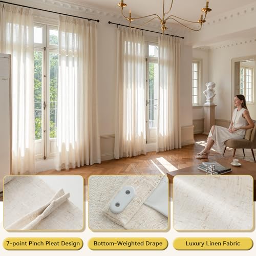 Natural Linen Pinch Pleated Curtains 90 Inch Long Set of 2 Light Filtering