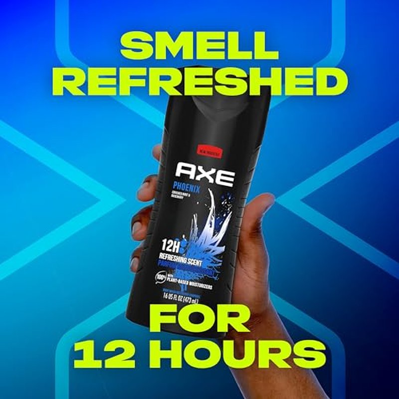 AXE Body Wash Phoenix 12h Refreshing Scent Crushed Mint & Rosemary Men's Body Wash with 100% Plant-Based Moisturizers 16 oz,(Pack of 8)