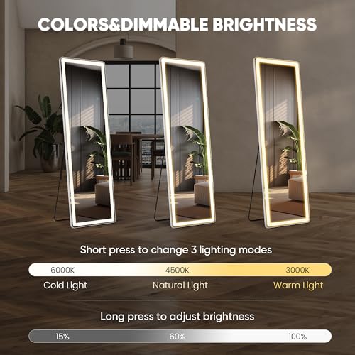 White 16x60 Inch LED Full Length Mirror with Lights - Wall Mount & Stand