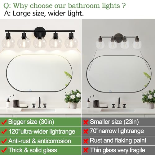 Matte Black 5-Light Bathroom Vanity Light Fixture with Clear Glass Globes - Reversible Wall Sconce for Bathroom, Bedroom, Hallway, Living Room, Porch - Indoi