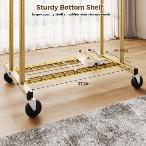 Heavy Duty Rolling Clothes Rack with Shelves - Gold, Supports 700LBS