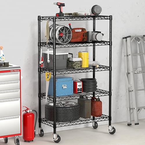 Hodonas 5-Tier Heavy Duty Wire Shelving 1900 lbs with Rolling Wheels, 36W x 14D x 75H
