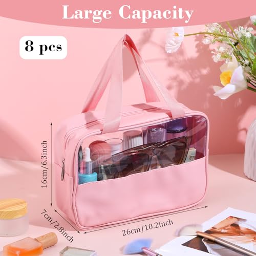 8 Pcs Clear Cosmetic Bags with Zipper, Clear Toiletry Bag, Transparent Makeup Bag for Women Men, Waterproof Travel Organizer with Handle, 10.2 x 6.3 x 2.8 Inches (Pink)