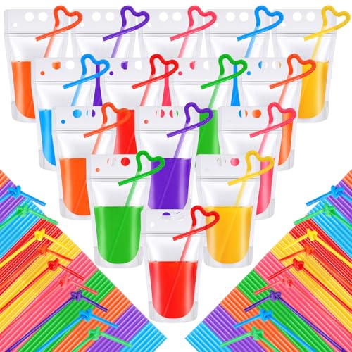 17 oz Clear Plastic Drink Pouches with Straws - 1000 Pack, Reusable, Stand-Up Design