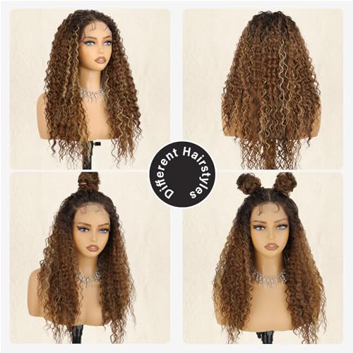 Synthetic Lace Front Wig 24 Inch Curly Ombre Brown Blonde with Variation of Same Ombre with Highlights