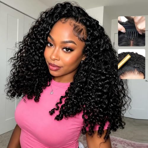 Larhali 16 Inch Burmese Curly Half Wig with Drawstring - No Glue, Natural Black, 180% Density, Beginner-Friendly, Flip Over Style