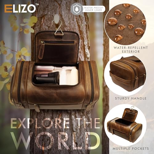 ELIZO Antique Extra Large Leather Toiletry Bag for Men Waterproof Hanging Dopp Kit Travel Organizer