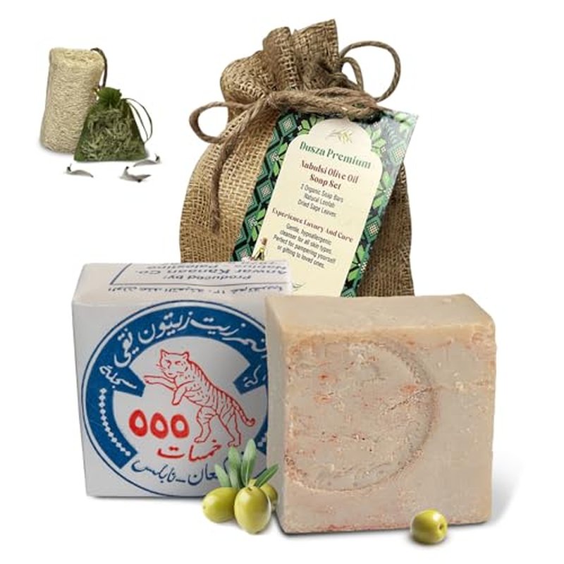 Dusza Nablusi Olive Oil Soap ? 2 premium Bars bundled with Natural Loofah - Unscented - Hypoallergenic-Organic - Gentle for Face Body & Hands - Imported from Palestine