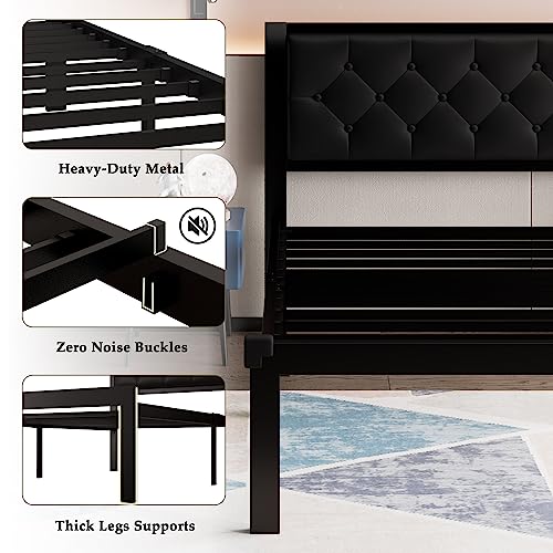 Feonase Twin Size Metal Bed Frame with Faux Leather Headboard, Storage, Black - No Box Spring Needed