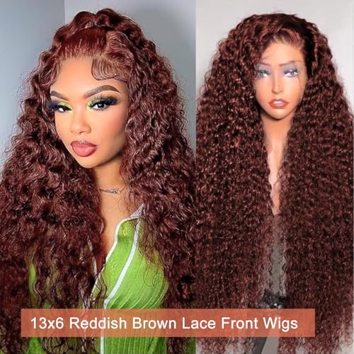 Reddish Brown Lace Front Human Hair Wig 13x6 Deep Wave 18 Inch 180 Density - Pre Plucked