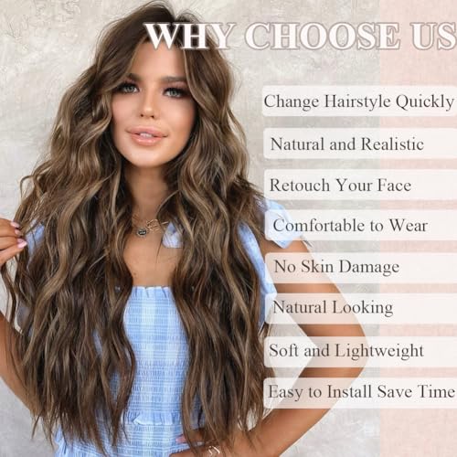 Brown Highlight Wigs for Women 26 Inch Long Wavy Glueless Hairpiece - Variation of 26 Inch / Brown Highlight