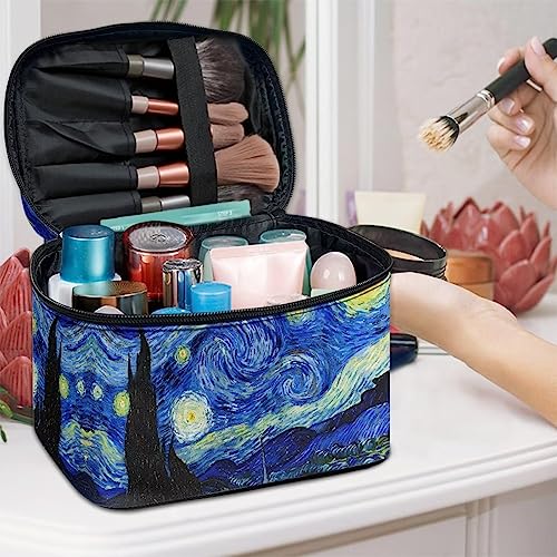 Travel Toiletry Bag Van Gogh Starry Night Makeup Brush Bag Case Multifunctional Cosmetic Organizer Durable Makeup Pouch with Handle and Divider