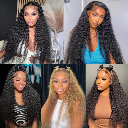 BVLBVL 20in Deep Wave Lace Front Wig Human Hair 13x6 HD Pre-Plucked 180% Density Natural Black