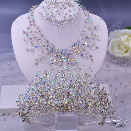 Multicolored Rhinestone Bridal Tiara Set with Necklace & Earrings - Wedding Hair Accessories