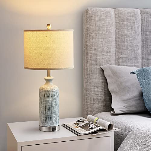 Blue Living Room Lamps Set of 2 - 27 Inch Touch Nightstand Lamps with USB Ports